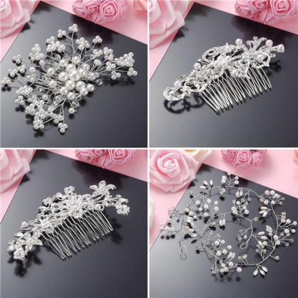 44 Pieces Wedding Hair Accessories: Faux Pearl Crystal Comb Clips,  Rhinestone main image 4